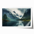 Serene landscape wall art print featuring misty mountains and fog, perfect for home decor. The rolled print showcases soft color gradients and tranquil scenery.