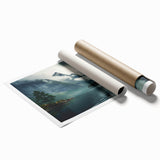 Rolled print of a serene landscape featuring soft mist and fog, showcasing muted colors and tranquil scenery, ideal for home decor or art collection.