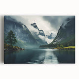 Stretched canvas wall art showcasing a serene misty landscape design, featuring soft gray and blue tones, perfect for enhancing home decor and creating a tranquil atmosphere.