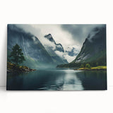 Stretched canvas wall art featuring a serene landscape design with mist and fog, blending soft blues and greens, perfect for enhancing home decor aesthetics.