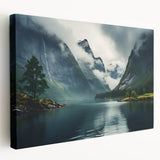 Stretched canvas wall art showcasing a serene misty landscape with soft fog, perfect for enhancing home decor with a calming, nature-inspired theme.