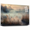 Acrylic glass wall art showcasing a misty landscape design, featuring a serene fog scene in soft hues. Perfect for modern decor, displayed with pins for easy mounting.