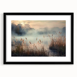 Black-framed wall art featuring a serene landscape design of misty fog enveloping trees, perfect for home décor. Ideal for adding a calming ambiance to any room.
