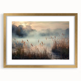 Framed wall art showcasing a serene landscape design with mist and fog, featuring a gold frame and mat, ideal for enhancing home decor with a tranquil aesthetic.