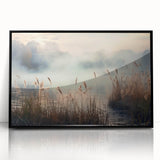 Framed acrylic wall art featuring a misty landscape design with soft fog, elegant black frame, ideal for modern home decor and enhancing serene atmospheres.