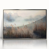 Framed wall art featuring a serene landscape design with mist and fog, presented in a sleek silver frame, ideal for modern home decor and artistic ambiance.