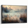 Framed wall art featuring a serene landscape design with mist and fog, set in a sleek black frame, ideal for enhancing modern decor and creating a calming atmosphere.