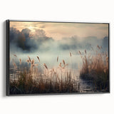 Framed wall art featuring a serene landscape design with mist and fog, set in a sleek black frame, ideal for enhancing modern decor and creating a calming atmosphere.