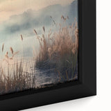 Close-up of a framed canvas from the "Landscapes Mist & Fog" wall art collection, showcasing soft hues of gray and blue with a serene, misty landscape design, perfect for adding a tranquil touch to home decor.