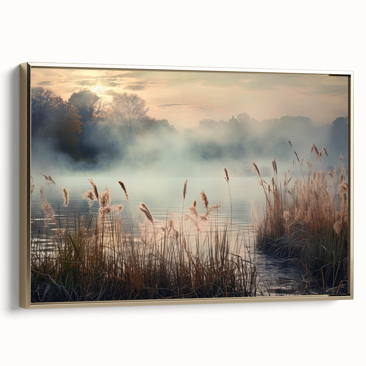 Framed canvas wall art showcasing a misty landscape design with soft, muted colors and a gold frame, perfect for enhancing home decor and ambiance.