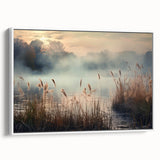 Framed canvas wall art showcasing a serene misty landscape design with soft fog effects, presented from a white side view, perfect for home decor enhancement.
