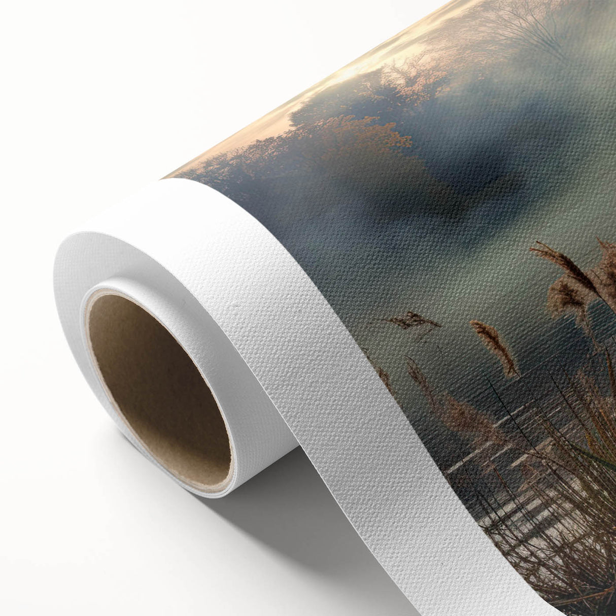 Rolled canvas artwork showcasing a serene misty landscape design, featuring soft gray and blue hues, ideal for enhancing home decor with a calming atmosphere.