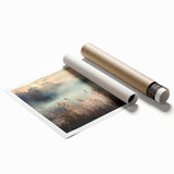 Rolled wall art print showcasing a serene landscape design featuring misty mountains and soft fog, ideal for home decor and enhancing ambiance.