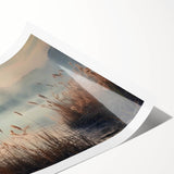 Serene landscape wall art print showcasing misty mountains and fog, featuring soft blue and gray tones, ideal for home decor and tranquility.