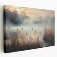 Stretched canvas wall art featuring a serene misty landscape design, showcasing soft gray and blue hues, perfect for adding tranquility to any home decor.