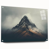 Acrylic glass wall art featuring a misty landscape design, showcasing soft fog and ethereal colors, elegantly displayed from a side view with decorative pins.