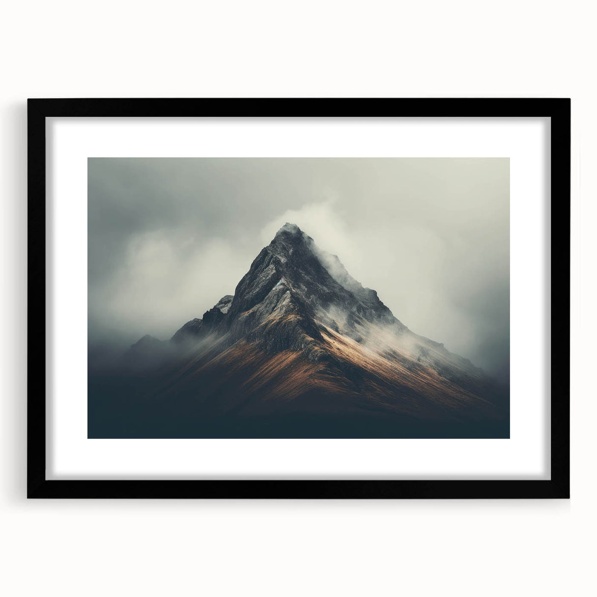 Framed wall art collection showcasing a serene misty landscape design, featuring a black frame and mat, perfect for enhancing modern home decor. The artwork captures the tranquil essence of nature, blending soft foggy hues with an elegant presentation.