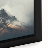 Close-up of a framed canvas wall art piece depicting a serene misty landscape with subtle fog, showcasing soft hues of blue and gray, perfect for home decor.