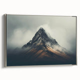 Framed canvas wall art showcasing a serene landscape design with mist and fog, featuring a sleek silver frame, ideal for enhancing modern home decor.