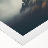 Mist-covered mountains create a serene landscape in this rolled canvas wall art, showcasing soft blues and grays, perfect for adding tranquility to any room.