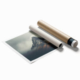 Mist-covered landscape wall art print showcasing serene foggy mountains with soft pastel colors, ideal for enhancing home decor aesthetics. Perfect for nature lovers.