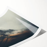 Rolled print of a misty landscape wall art design showcasing soft fog enveloping serene hills, ideal for home décor, enhancing tranquility and style.