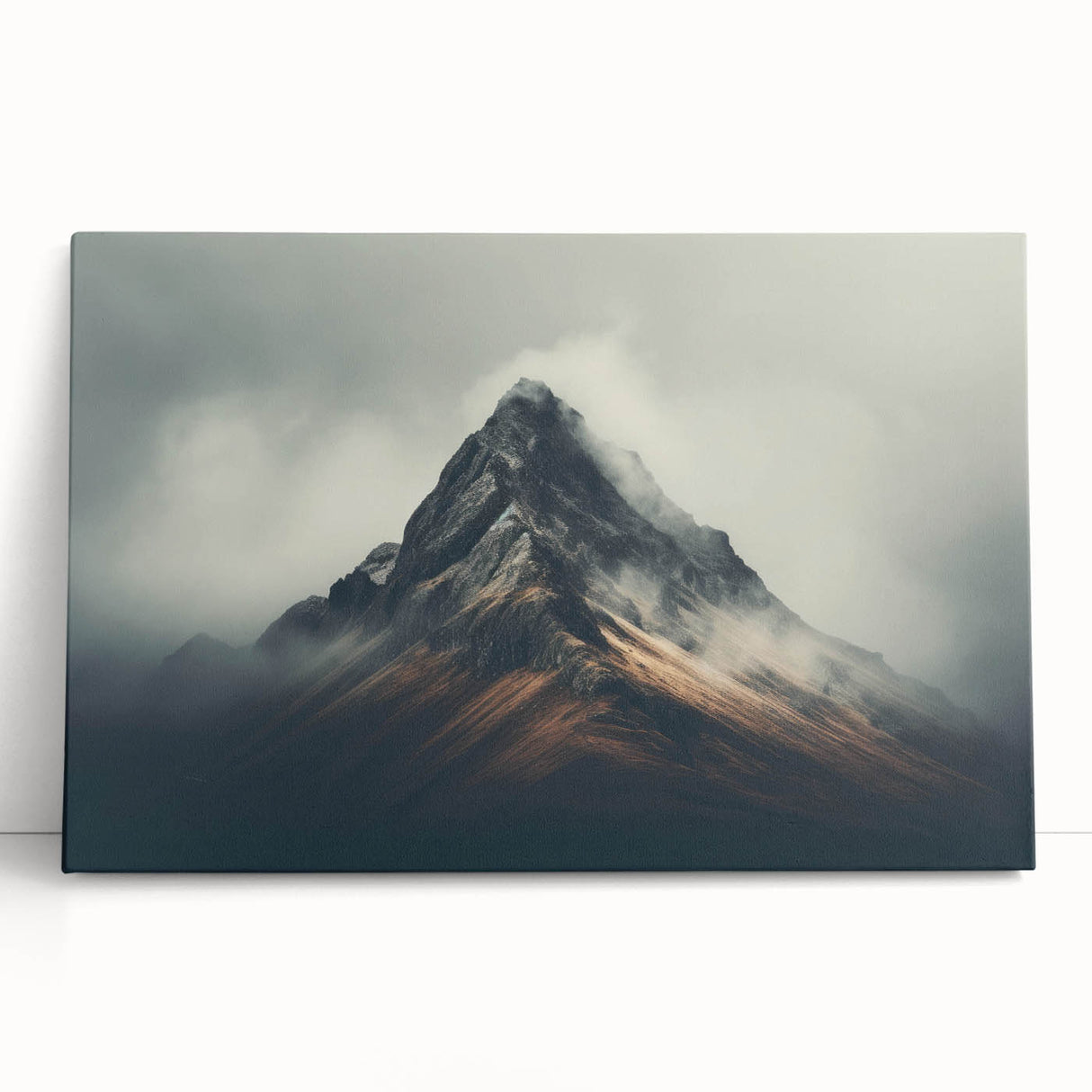 Soft, misty landscape art piece featuring serene fog-covered hills and trees, printed on stretched canvas, ideal for adding tranquility to home decor.