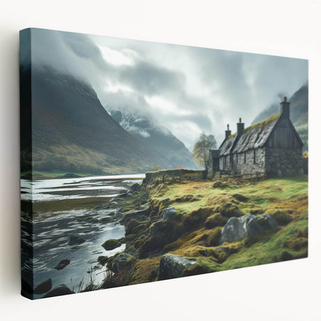 Stretched canvas wall art featuring a serene landscape design with soft mist and fog, showcasing calming hues of blue and gray, ideal for home decor.