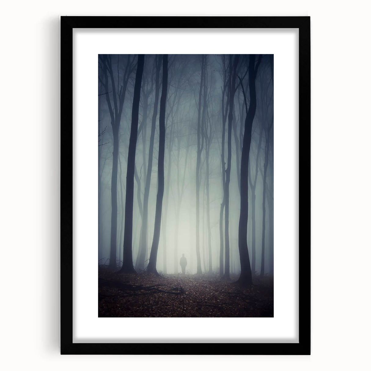 Framed black wall art depicting a misty landscape scene with soft fog, showcasing serene tones and intricate details, perfect for enhancing home decor elegance.