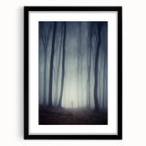 Framed black wall art depicting a misty landscape scene with soft fog, showcasing serene tones and intricate details, perfect for enhancing home decor elegance.