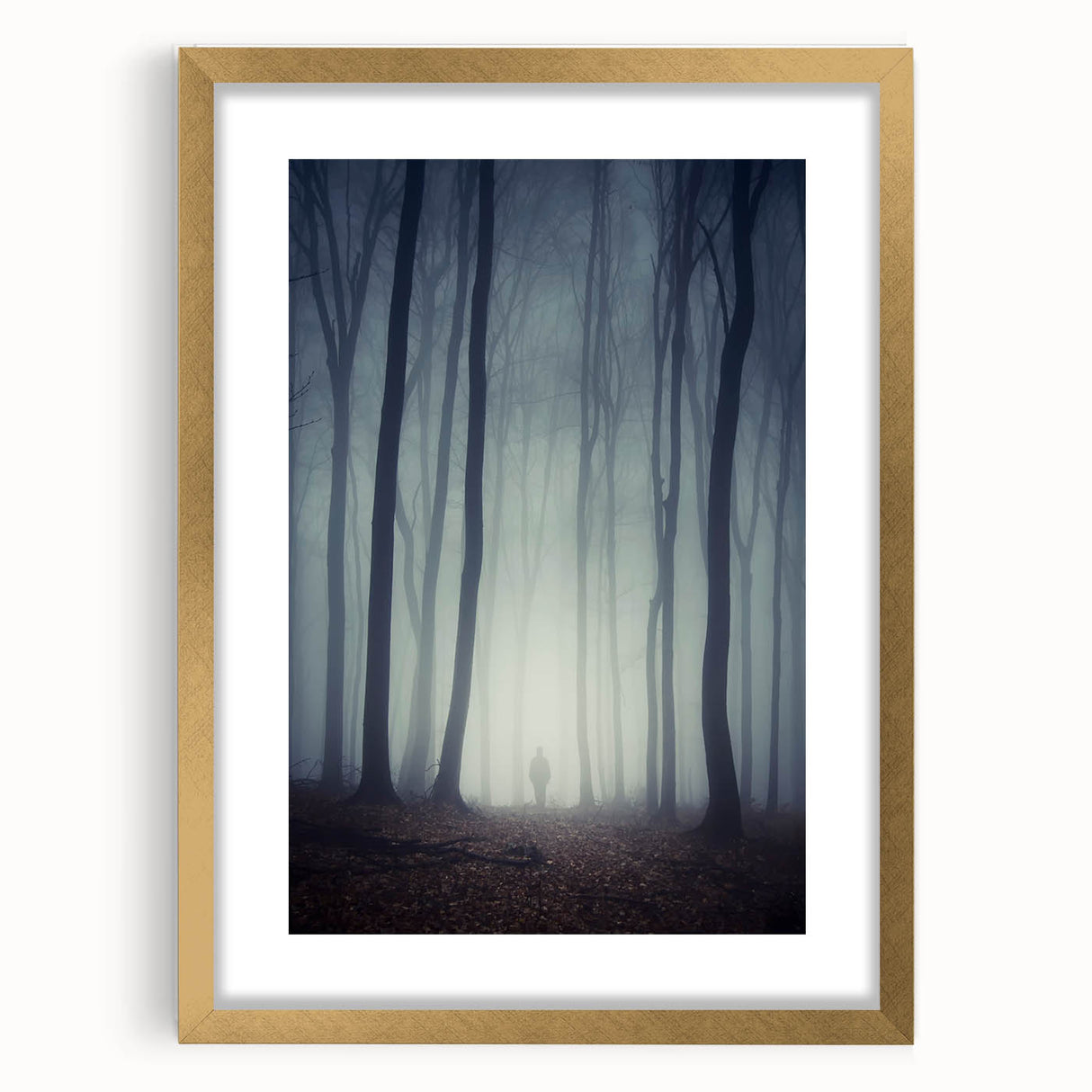 Elegant framed wall art showcasing a misty landscape design with soft fog, featuring a gold frame and mat, perfect for enhancing modern home decor.