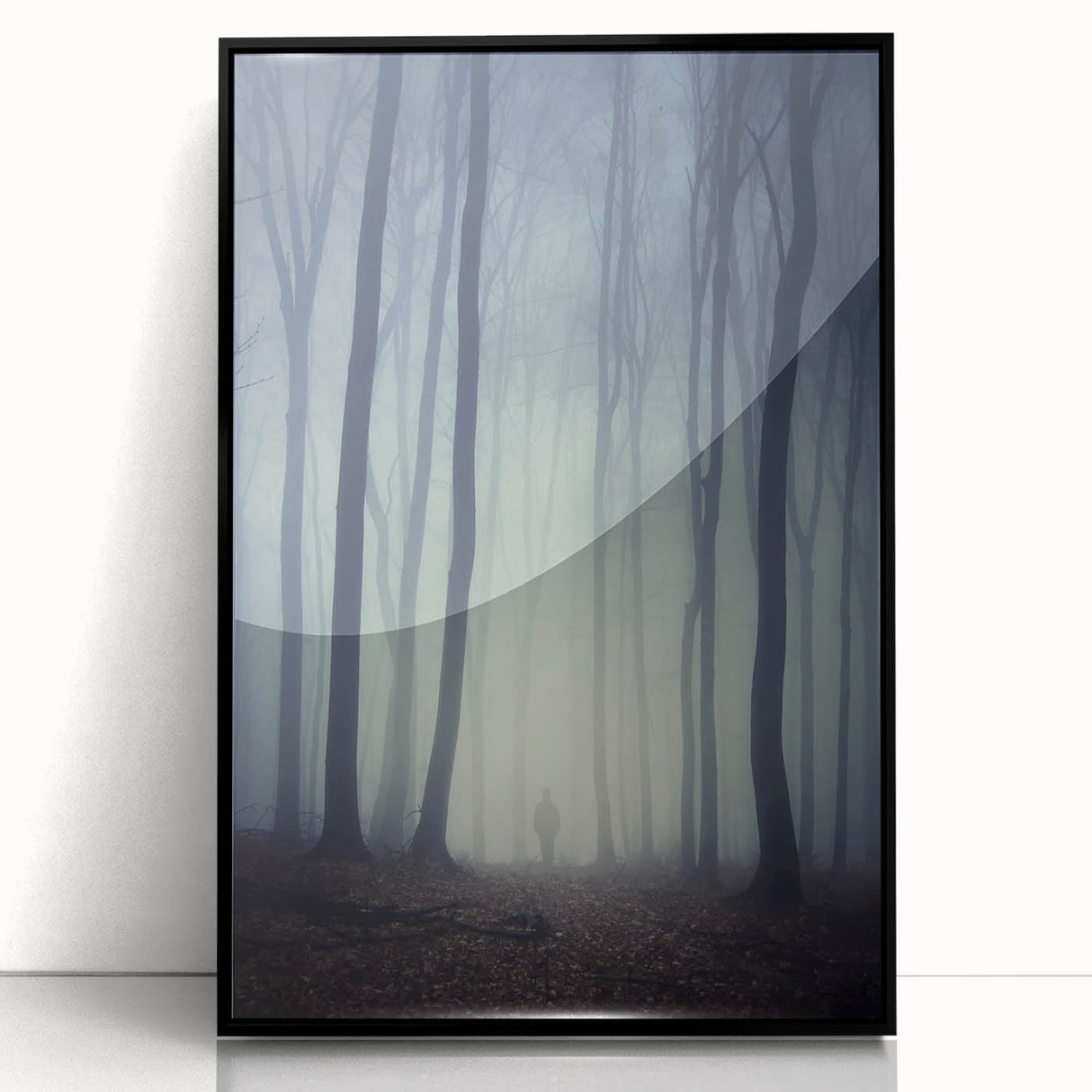Framed acrylic wall art showcasing a serene misty landscape design in shades of gray and blue, perfect for enhancing modern home decor with a touch of tranquility.