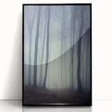 Framed acrylic wall art showcasing a serene misty landscape design in shades of gray and blue, perfect for enhancing modern home decor with a touch of tranquility.