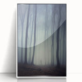 Framed acrylic wall art of a misty landscape design, showcasing soft fog and serene colors, set in a white frame for an elegant home decor accent.