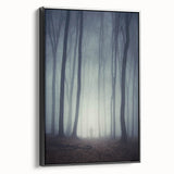 Framed wall art featuring a misty landscape design with soft fog accents, showcasing a serene black and white color palette. Ideal for modern home decor.