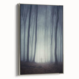 Framed canvas wall art featuring a serene landscape design with mist and fog, set in a sleek silver frame, perfect for modern home decor accents.