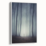 Framed canvas wall art showcasing a serene landscape design with mist and fog, featuring a white frame that enhances its elegant appeal, perfect for home decor.