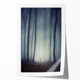 Mist-covered landscape wall art print showcasing soft, muted tones of blue and gray, ideal for adding a serene ambiance to home decor. Perfect for nature-inspired interiors.