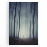 Stretched canvas wall art showcasing a serene landscape design with mist and fog, featuring soft gray and blue tones, perfect for enhancing home decor.