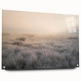 Acrylic wall art design showcasing a misty landscape scene, featuring soft hues of blue and gray, elegantly displayed with pins for modern decor aesthetics.