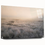 Acrylic wall art design showcasing a misty landscape scene, featuring soft hues of blue and gray, elegantly displayed with pins for modern decor aesthetics.