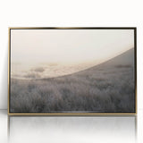 Framed wall art showcasing a serene landscape design with mist and fog, featuring a gold-accented frame that enhances its elegance and depth. Ideal for modern decor.
