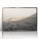 Framed acrylic wall art featuring a serene misty landscape design, showcasing soft gray tones and silver accents, perfect for modern home decor.