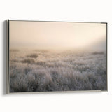 Framed canvas wall art showcasing a serene foggy landscape design with misty tones, featuring a silver frame that enhances its modern aesthetic. Perfect for home decor.