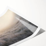 Serene landscape wall art print featuring a misty forest scene with soft colors, rolled and ready for display, perfect for enhancing home decor.