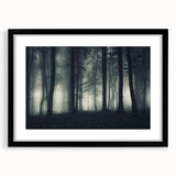 Framed wall art collection showcasing a serene landscape design with misty fog, featuring a sleek black frame and white matting, perfect for modern home decor.