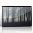 Framed acrylic wall art featuring a serene landscape design with mist and fog, showcasing soft colors and a black frame, perfect for modern home decor.