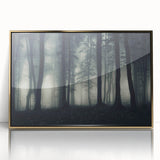 Framed acrylic wall art depicting a misty landscape design with soft fog, featuring elegant gold accents, ideal for modern home decor and ambiance enhancement.