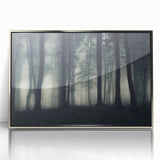 Framed acrylic wall art showcasing a serene landscape design with mist and fog, featuring soft colors and a sleek silver frame, ideal for home decor enhancement.