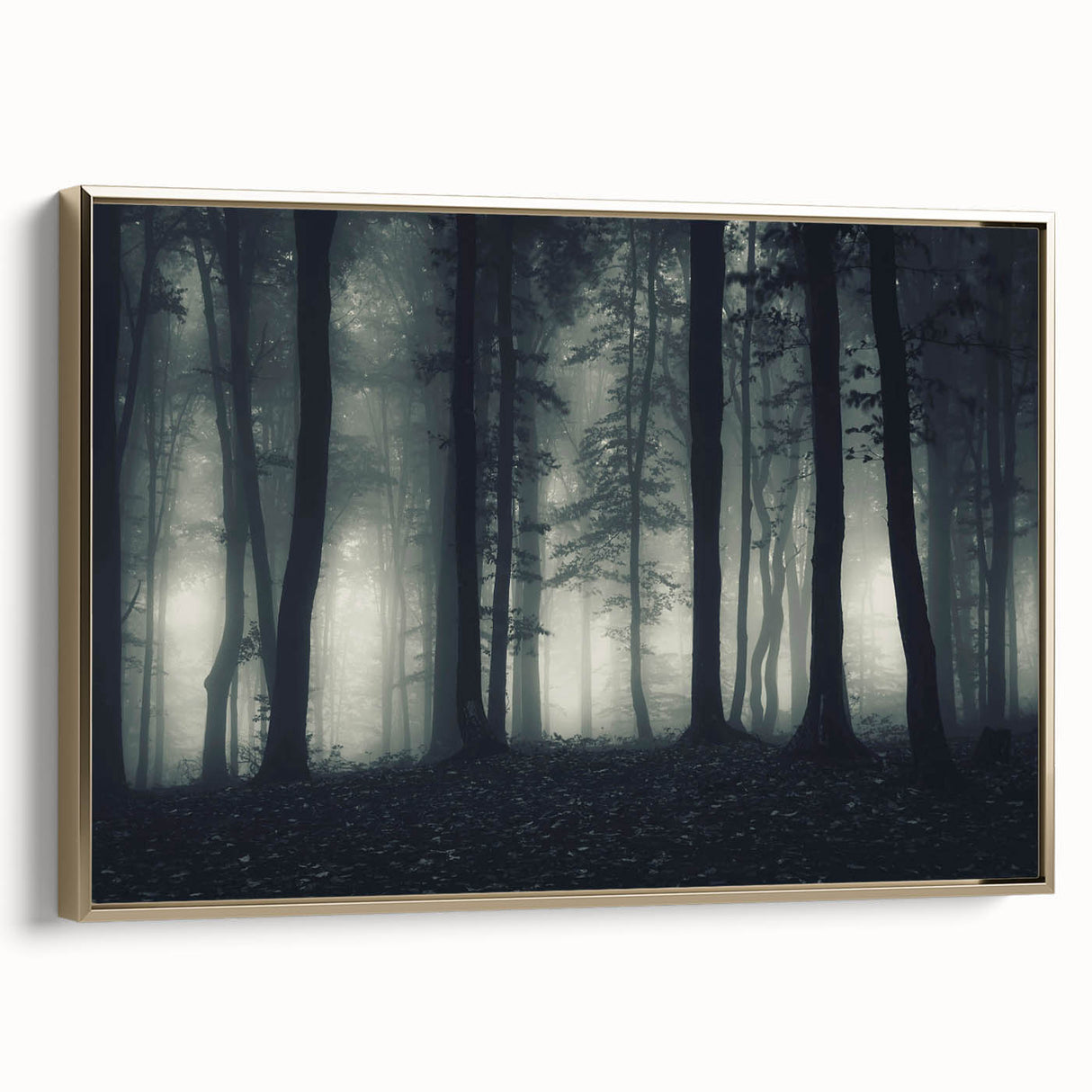 Framed wall art collection showcasing a serene landscape design with mist and fog, featuring a gold frame. Ideal for enhancing modern home decor aesthetics.